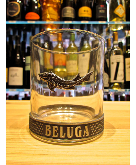 Short sale online Glass Vodka Beluga Noble with metal sturgeon in relief. Shop online glasses Shortino vodka
