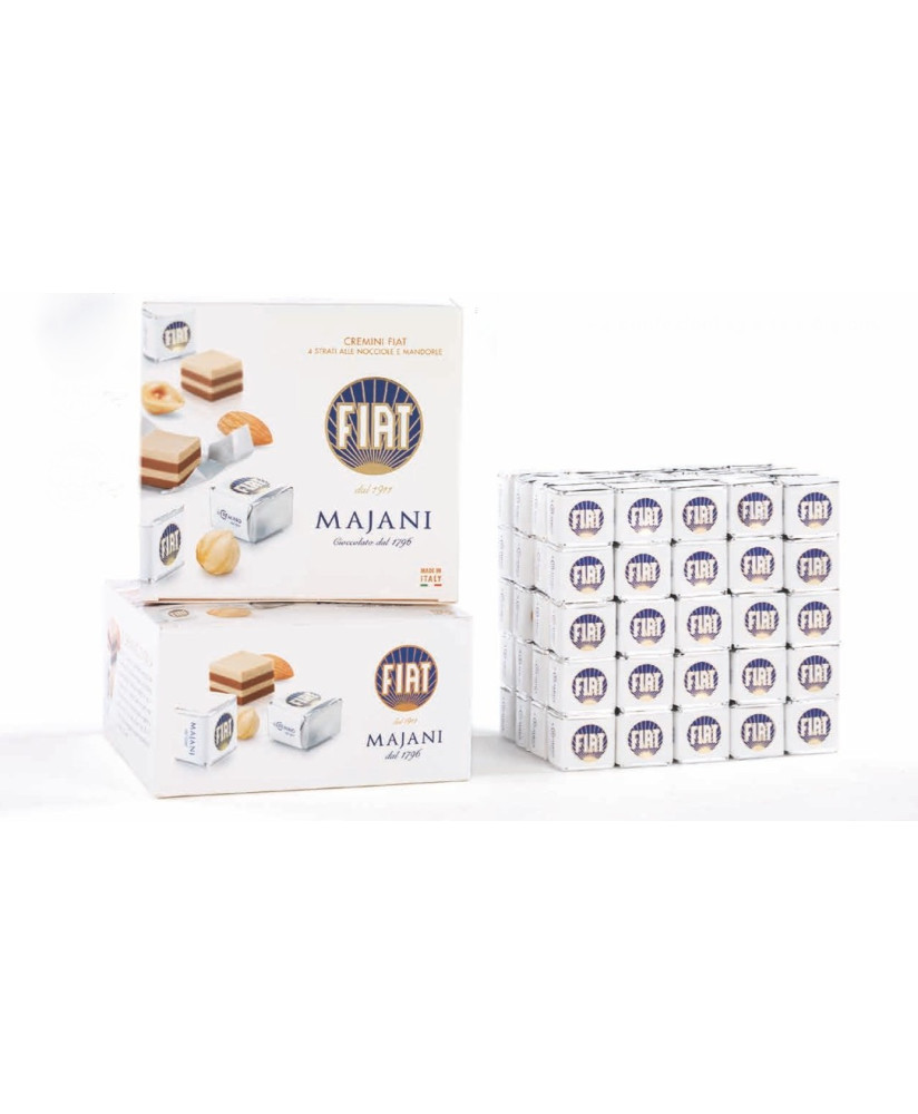 Vendita online Cremini Fiat Majani di Bologna in Scatole da regalo. Shop on line Cubo Fiat, Cremini a strati di nocciola e mando