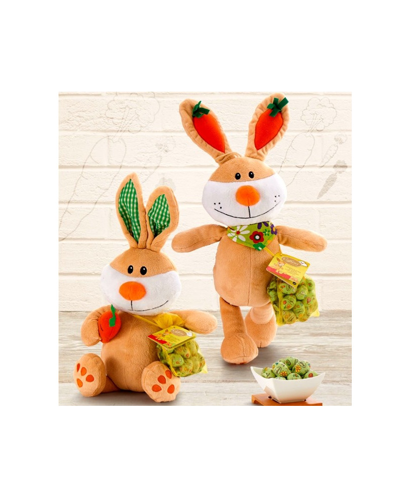 Vendita online Coniglio di Peluches Caffarel, con ovette ripiene al latte. Shop on-line peluches con ovetti di cioccolato
