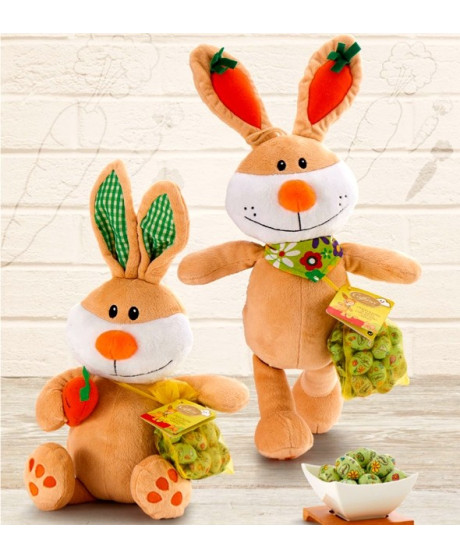 Vendita online Coniglio di Peluches Caffarel, con ovette ripiene al latte. Shop on-line peluches con ovetti di cioccolato