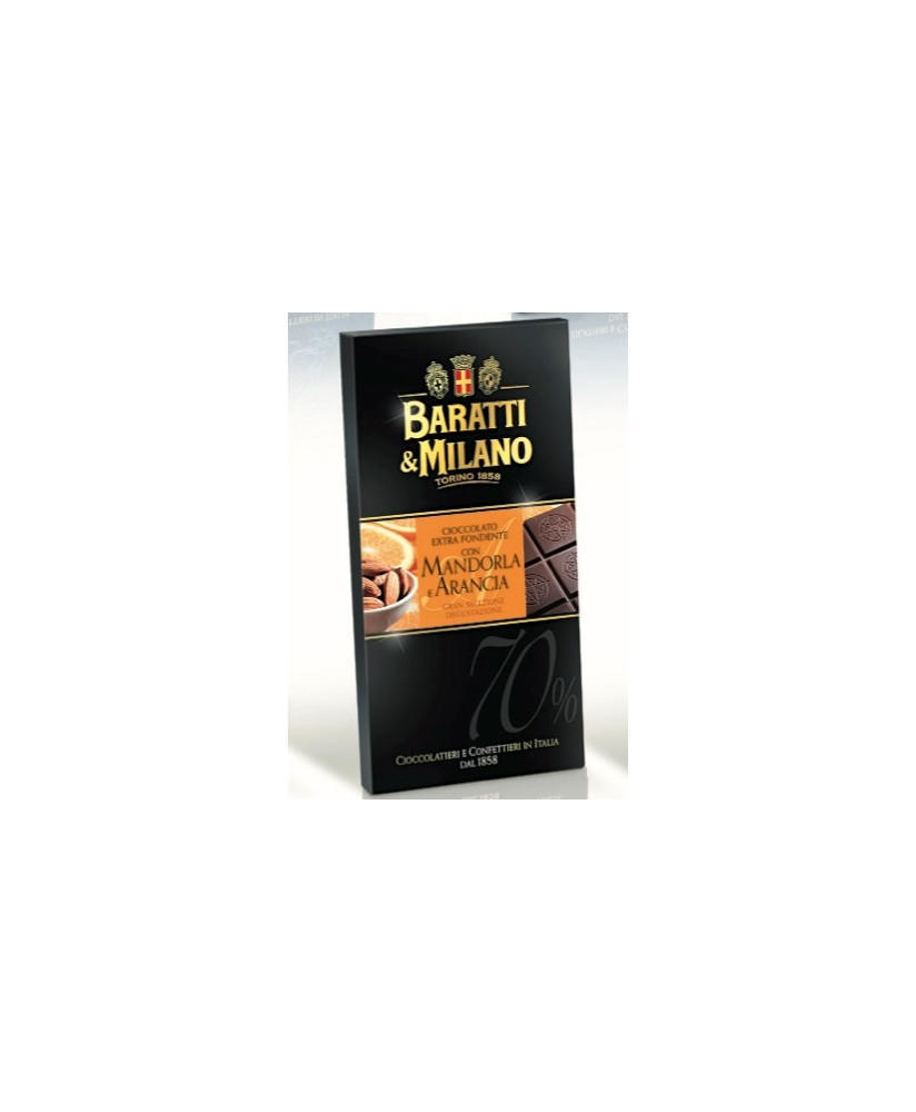 Vendita online tavolette di cioccolato extra fondente Baratti & Milano con scorze d'arancia candite e mandorle. Shop on line bar