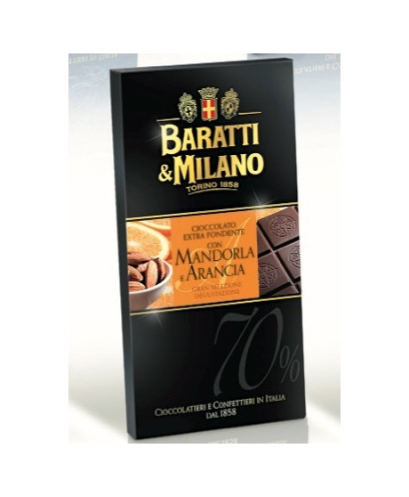 Shop online extra dark chocolate bars Baratti & Milano with candied orange peel and almonds. Shop online chocolate bars Piedmont