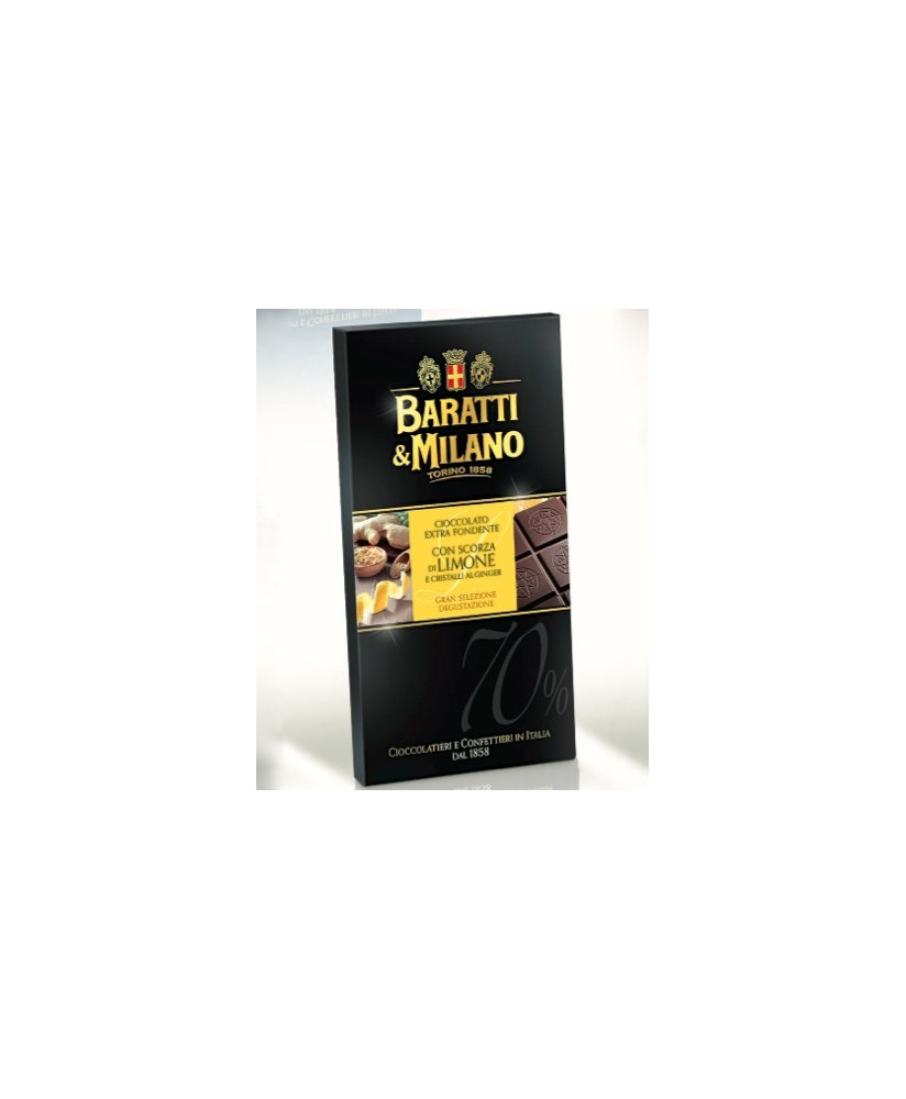 Vendita online tavolette di cioccolato extra fondente Baratti & Milano con scorze di limone candite e cristalli di zenzero. Shop