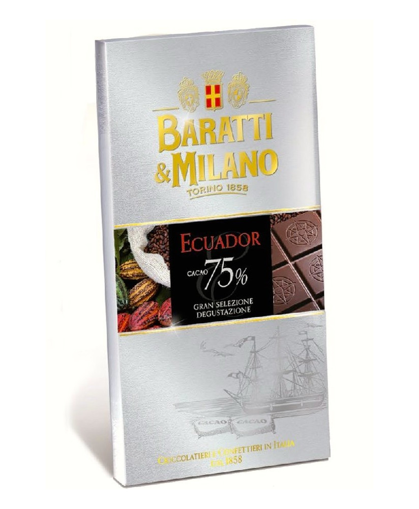 Vendita online tavolette di cioccolato extra fondente Baratti & Milano con cacao del Ecuador 75%. Shop on line barrette 