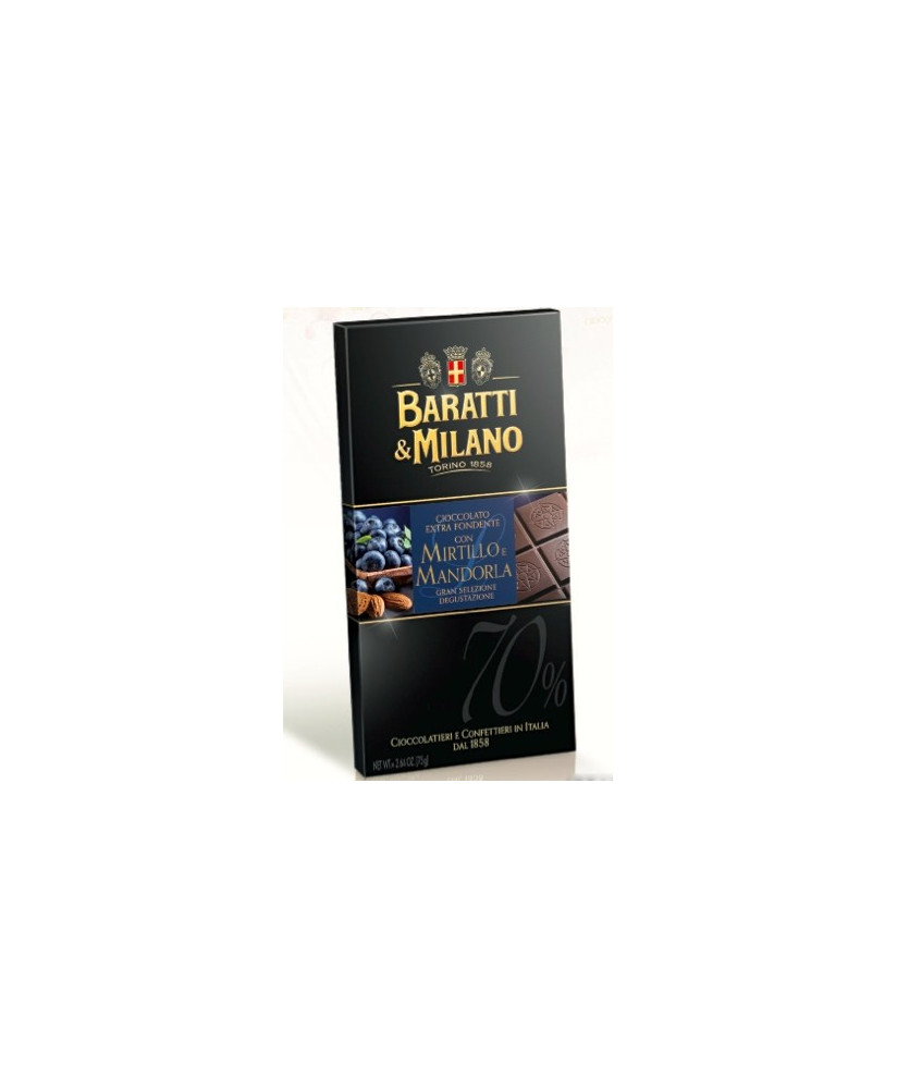 Shop online extra dark chocolate bars Baratti & Milano with blueberry and almonds. Shop online chocolate bars Piedmont