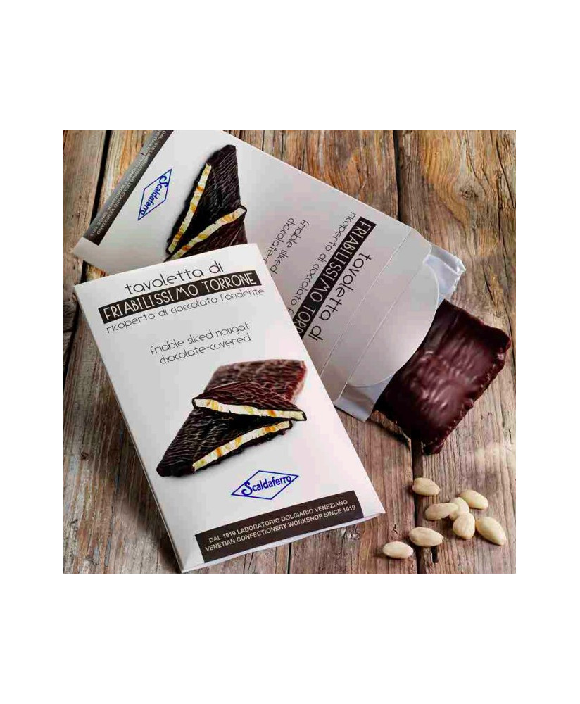 Vendita online Torrone Scaldaferro, ricoperto di cioccolato, Mandorlato Veneto. Shop on line tavoletta di torrone artigianale fr