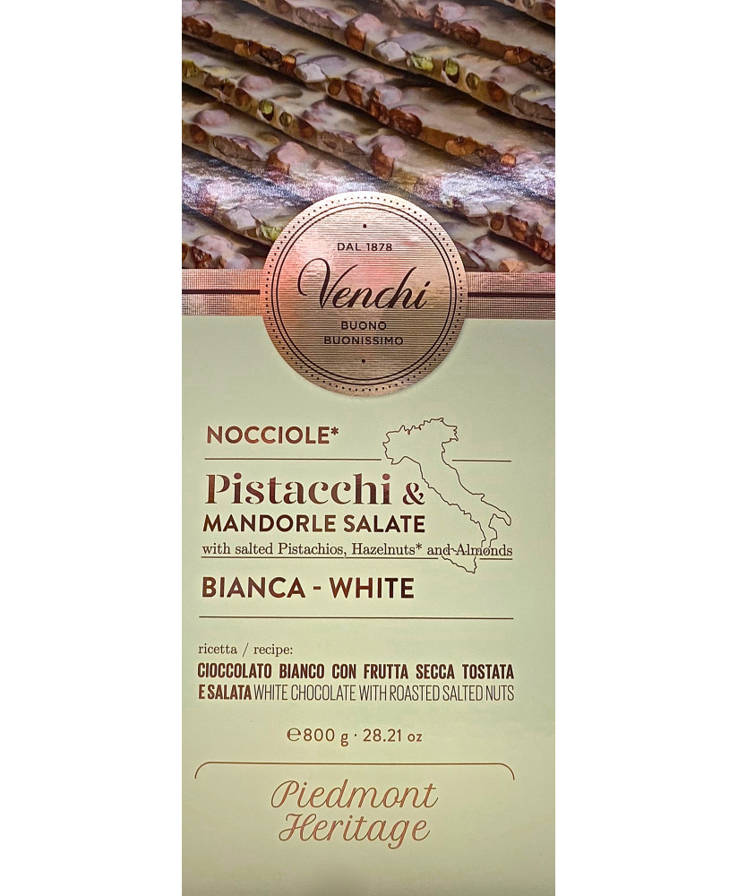 Vendita online tavolette di cioccolato Venchi grandi bianco con nocciole piemonte intere, mandorle e pistacchi salati. Shop on l