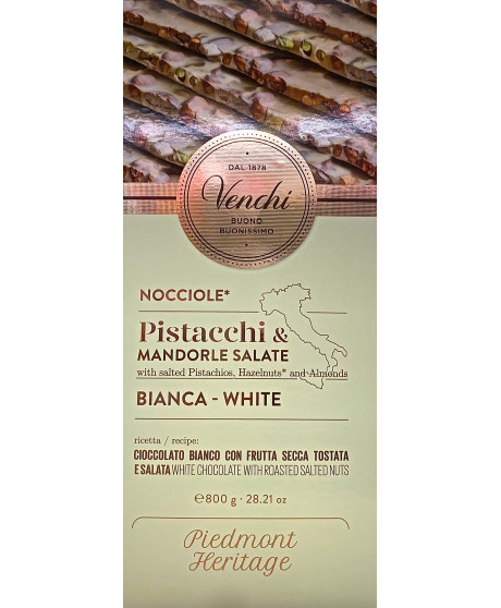 Vendita online tavolette di cioccolato Venchi grandi bianco con nocciole piemonte intere, mandorle e pistacchi salati. Shop on l