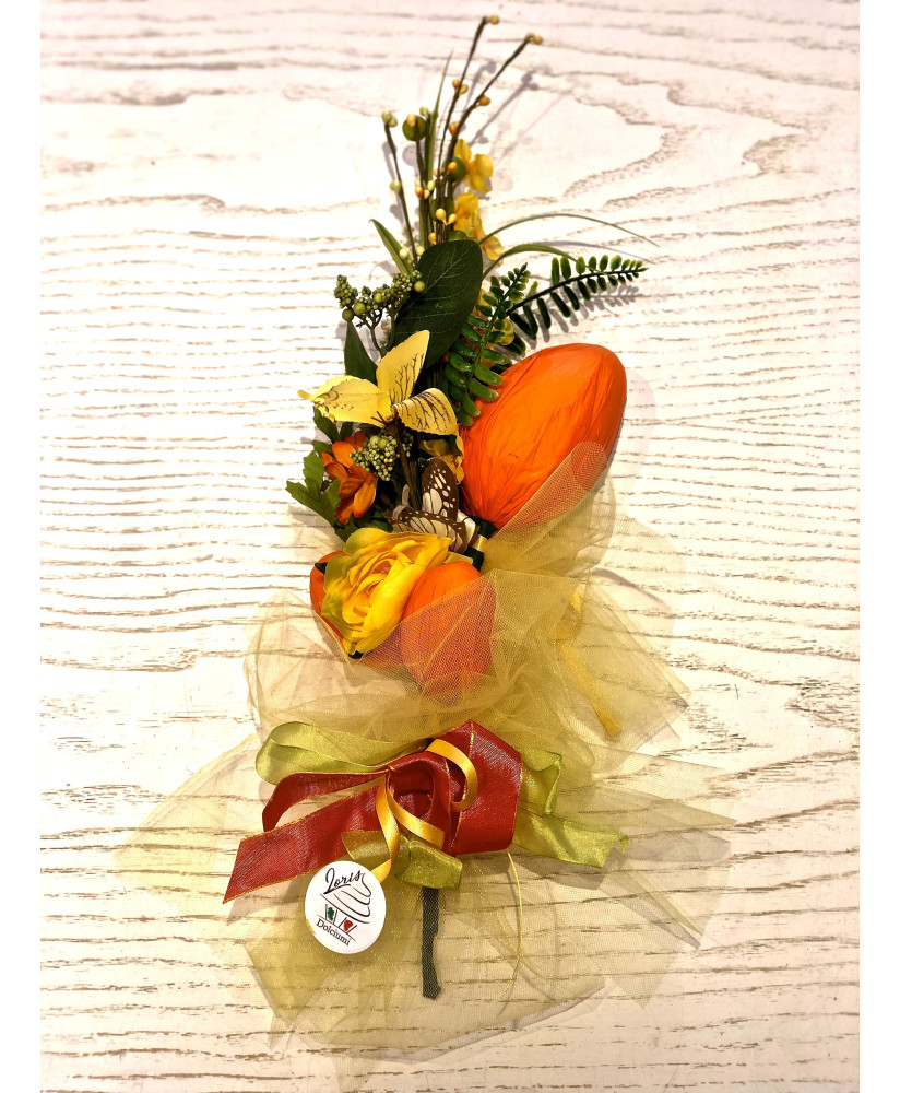 Vendita online Bouquet con fiori finti e uova di cioccolato, prodotto dolciario prodotto e confezionato da Loris di Lugo, Ravenn