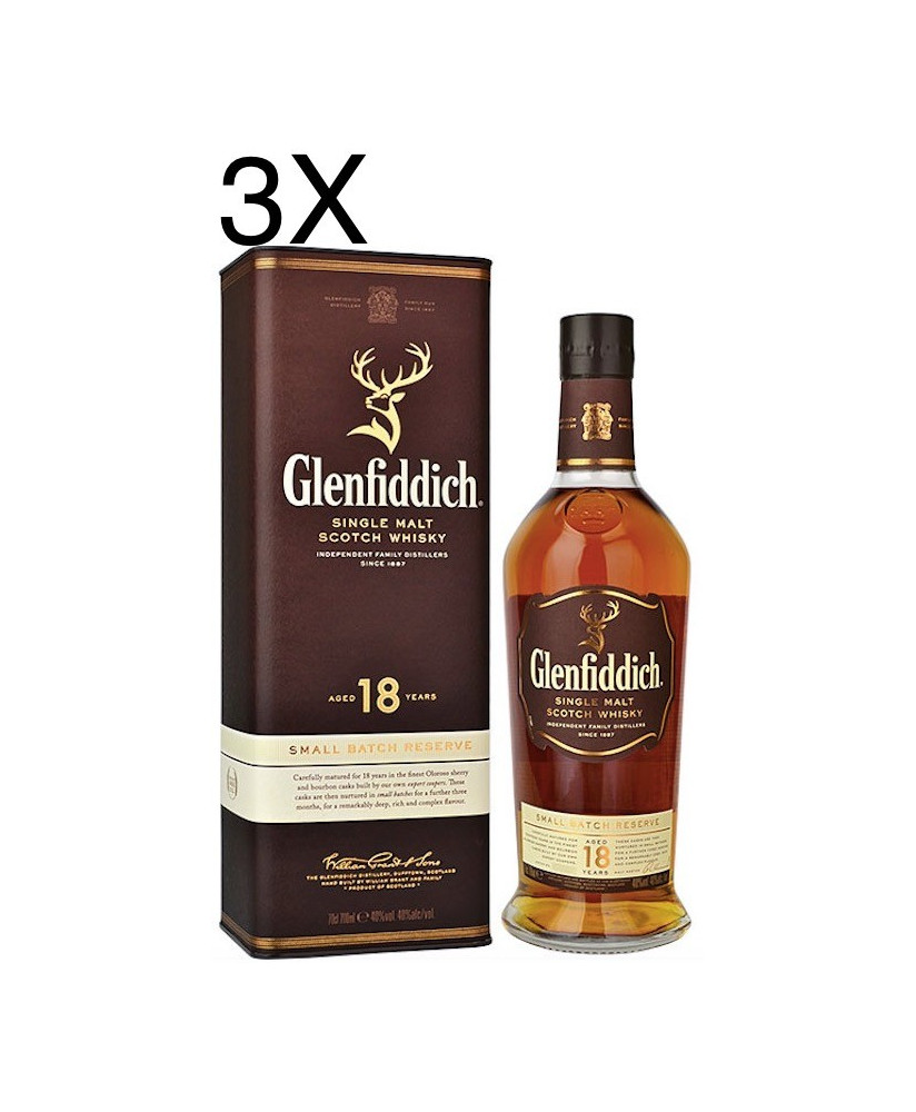 (3 BOTTIGLIE) Glenfiddich - Single Malt Scotch Whisky - 18 anni - 70cl - Astucciato