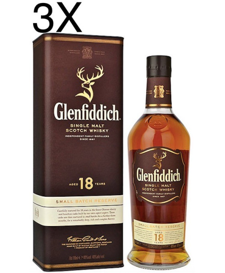 (3 BOTTIGLIE) Glenfiddich - Single Malt Scotch Whisky - 18 anni - 70cl - Astucciato