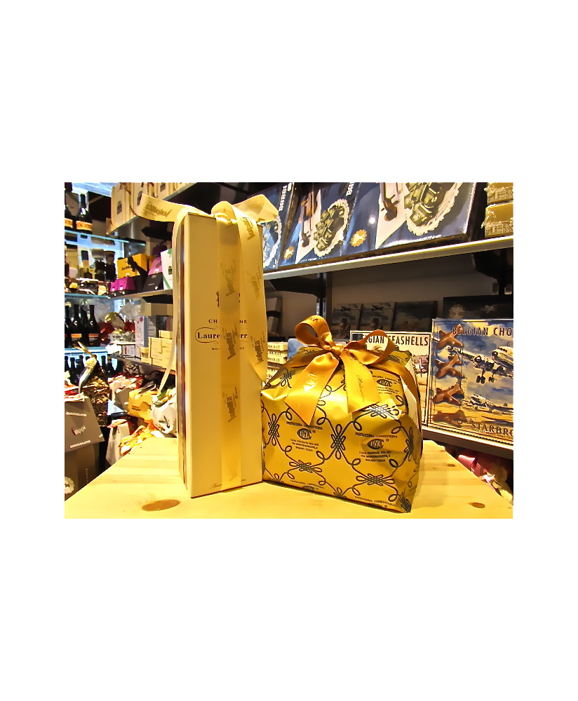 Online sales packaging Christmas 2013 with French Champagne, panettone craft from old bakery Cova (Typical Christmas Cake) in vi