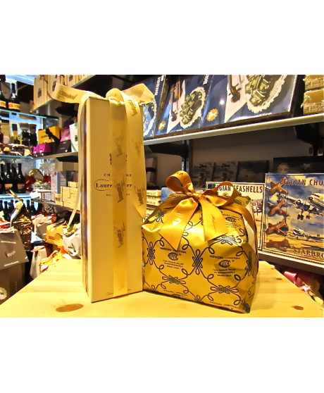 Online sales packaging Christmas 2013 with French Champagne, panettone craft from old bakery Cova (Typical Christmas Cake) in vi