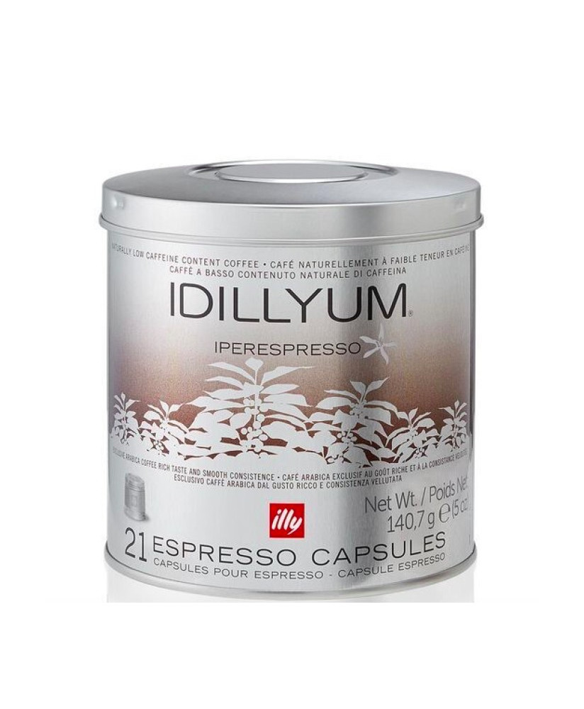 Vendita online capsule Illy Caffe' Idillyum a basso contenuto di cagffeina per macchina iperespresso. Confezione da 21 caffè esp