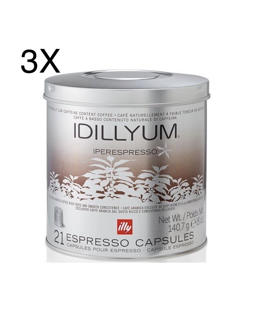 Vendita online capsule Illy Caffe' Idillyum a basso contenuto di cagffeina per macchina iperespresso. Confezione da 21 caffè esp