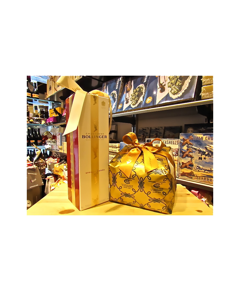 Online sales packaging Christmas 2013 with French Champagne, panettone craft from old bakery Cova (Typical Christmas Cake) in vi
