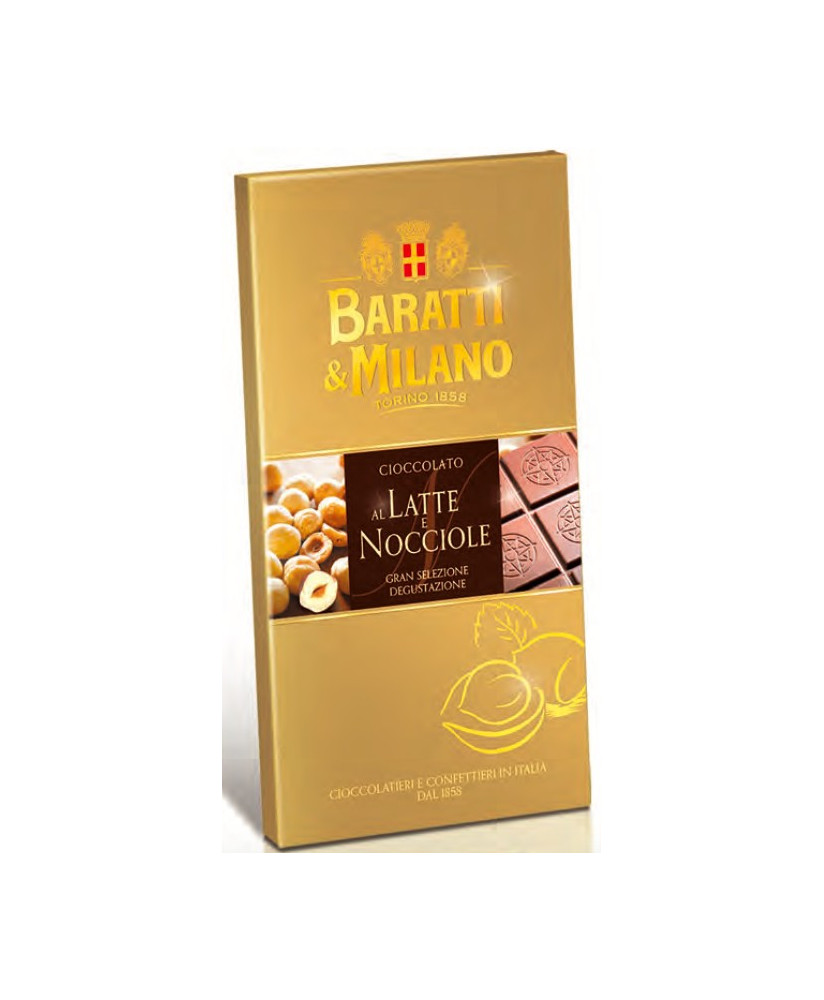 Online sales of tablets milk chocolate with hazelnuts Baratti & Milano. Shop online chocolate bars Piedmont Turin Swaps, milk wi