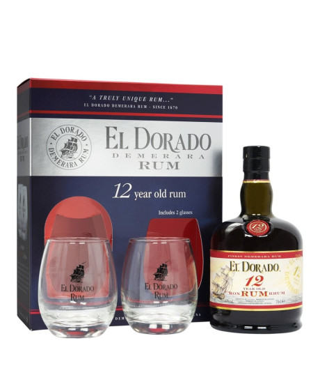 El Dorado - 12 anni - Demerara - Cofanetto con 2 Bicchieri Firmati - 70cl