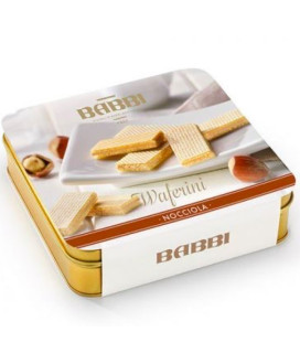 Vendita online Waferini Babbi ripieni di crema alla nocciola. Shop online Wafers Babbi in scatola di metallo dorata, miglior pre