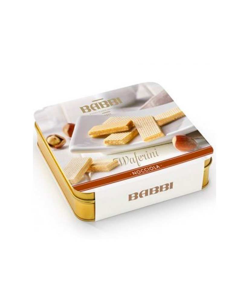 Vendita online Waferini Babbi ripieni di crema alla nocciola. Shop online Wafers Babbi in scatola di metallo dorata, miglior pre