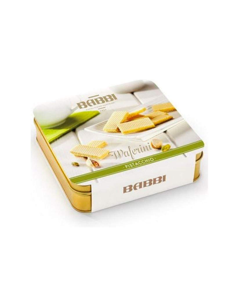 Vendita online Waferini Babbi ripieni di crema al pistacchio. Shop online Wafers Babbi in scatola di metallo dorata, miglior pre