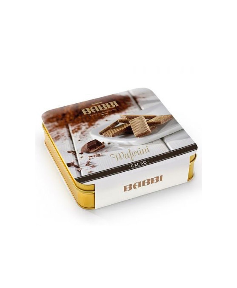 Vendita online Waferini Babbi ripieni di crema al cioccolato fondente. Shop online Wafers Babbi in scatola di metallo dorata, mi