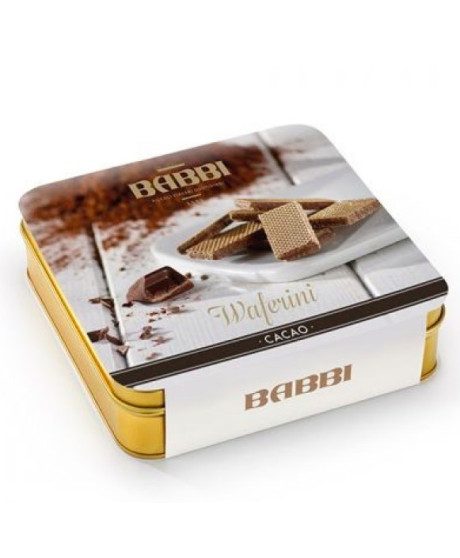 Vendita online Waferini Babbi ripieni di crema al cioccolato fondente. Shop online Wafers Babbi in scatola di metallo dorata, mi Vendita online Waferini Babbi ripieni di crema al cioccolato fondente. Shop online Wafers Babbi in scatola di metallo dorata, mi