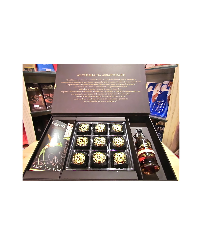 Buy Online sales box VENCHI Union Perfecta, containing 2 tablets of dark chocolate, chocolates Venchi and 1 Bottle of Rum Zacapa