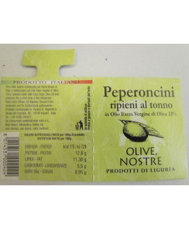 Vendita online Peperoncini Piemontesi Ripieni al Tonno in Olio Extra Vergine di Oliva - Olive Nostre. Shop on line peperoni ripi