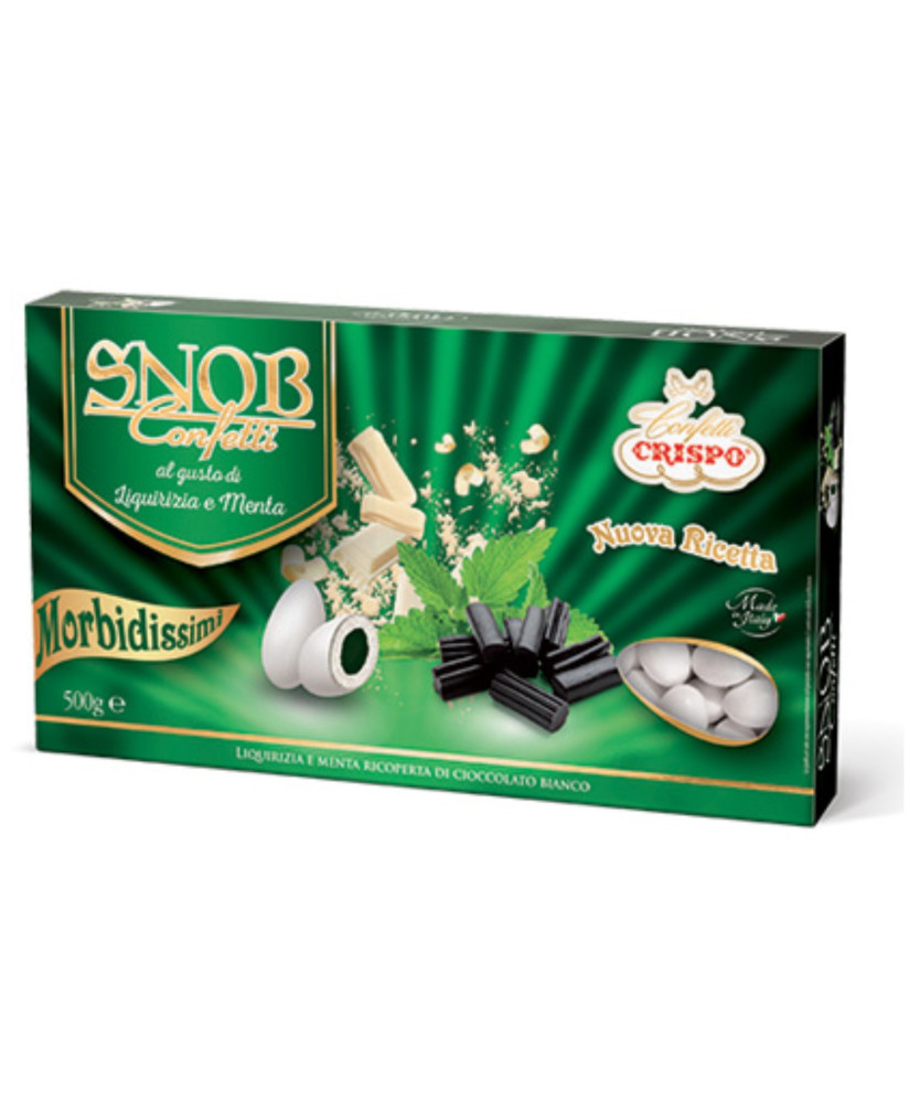 Vendita online confetti Crispo Snob gusto liquirizia e menta. Shop on line Confetti Crispo ripieni con caramella alla menta gomm