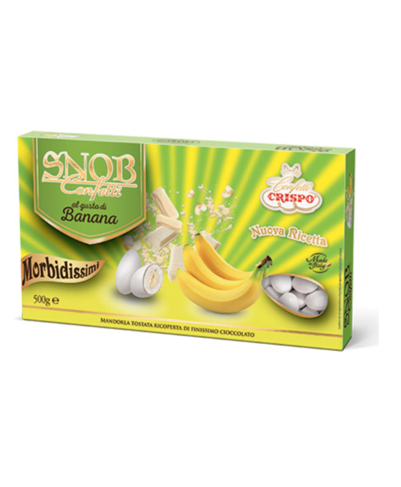vendita online confetti snob crispo bianchi ripieni di frutta al gusto di banana con mandorla tostata ricoperta di cioccolato sh