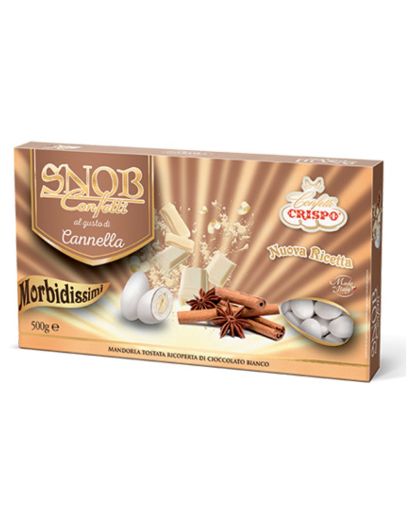 CONFETTI CRISPO - SNOB - CANNELLA. Vendita online confetti bianchi al gusto di Cannella con Mandorla e cioccolato. Shop on line 