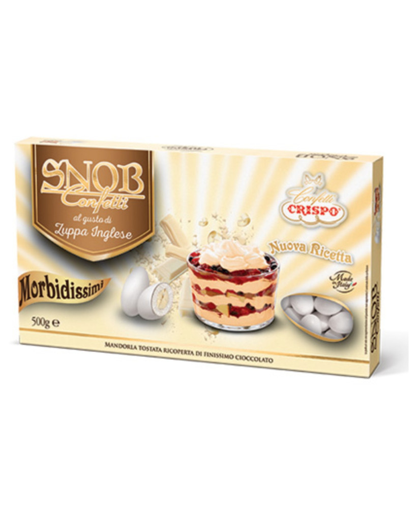 vendita online confetti snob crispo bianchi ripieni di frutta al gusto di zuppa inglese con mandorla tostata ricoperta di ciocco