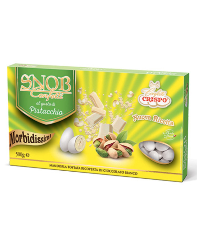 vendita online confetti snob crispo bianchi ripieni di frutta al gusto di crema di pistacchio con mandorla tostata ricoperta di