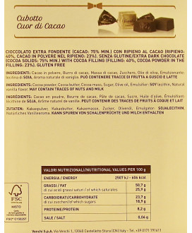 Vendita online cioccolatino Venchi Cubotto Cuor di Cacao 75% a €32,00 al Kg. Shop on-line cioccolatini Cubotti Venchi Unica ripi