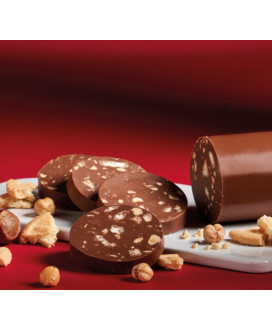 Online sales Greedy Salami Majani of Bologna in gift boxes. Shop online Gianduja Chocolate Scorza Maja