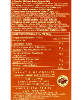 Vendita online tavolette di cioccolato Lindt & Sprüngli alcoliche al latte ripieno liquido di Cognac. Shop on line tavolette di 