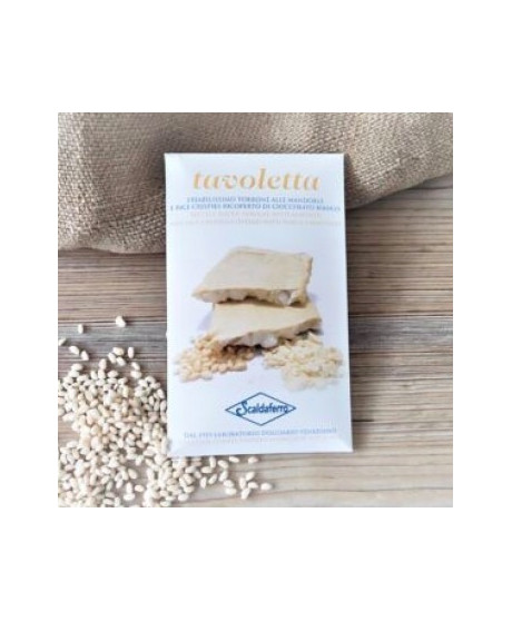 Scaldaferro - Tavoletta di torrone alle mandorle e rice crispies ricoperta di cioccolato bianco - 130g Scaldaferro - Tavoletta di torrone alle mandorle e rice crispies ricoperta di cioccolato bianco - 130g