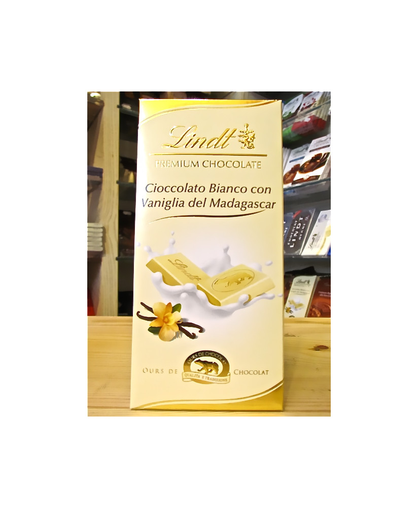 Vendita online tavolette di cioccolato Lindt & Sprüngli linea Orso di cioccolato bianco con vaniglia del Madagascar. Shop on lin