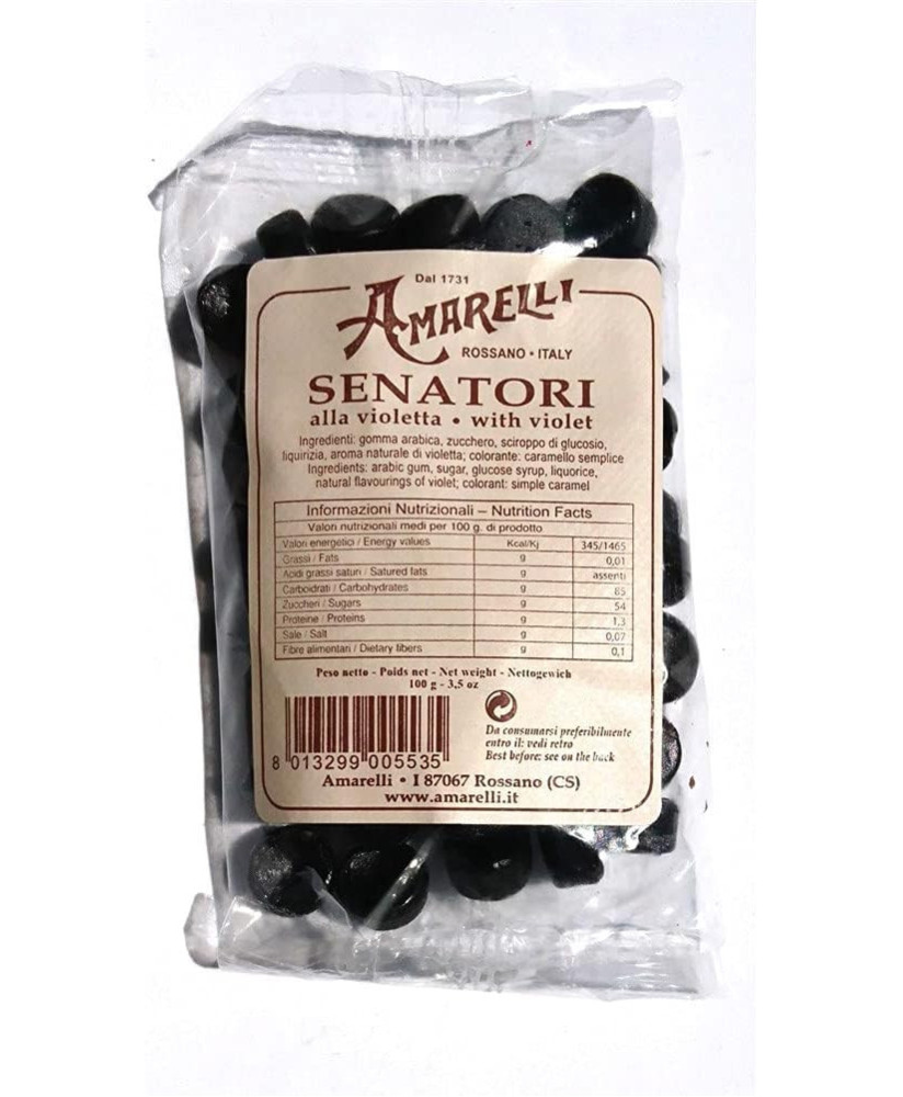 Vendita online caramelle di Liquirizia pura artigianale "Amarelli" Senatori alla violetta - Rossano Calabro (Cosenza) dal 1731.