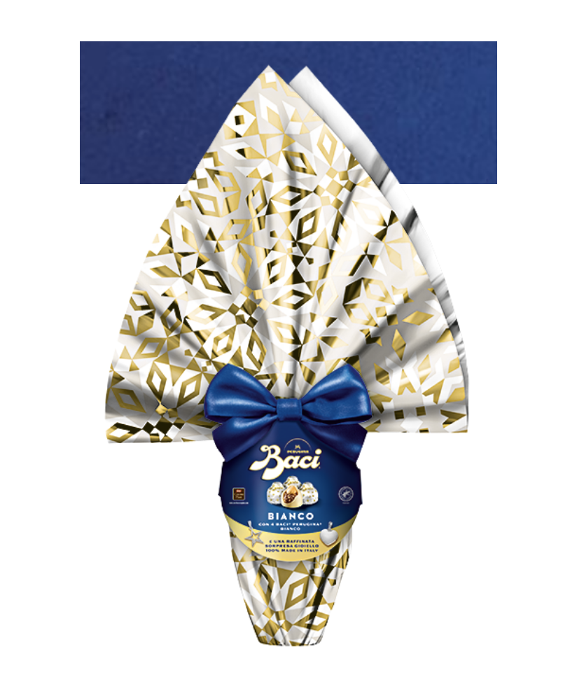 Vendita online Uova dei Baci Perugina di cioccolato Bianco con raffinate sorprese e 4 baci all'interno. Shop on line Uovo di cio