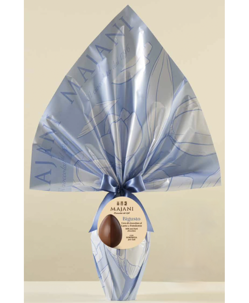 Vendita online uova di Pasqua Bigusto Majani. Shop on line Uovo metà di cioccolato al latte e metà fondente. Miglior prezzo on l