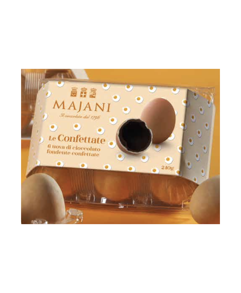 Vendita online uova di gallina confettate Majani, ripiene di cioccolato fondente. Shop on line ovette di zucchero con uno strato