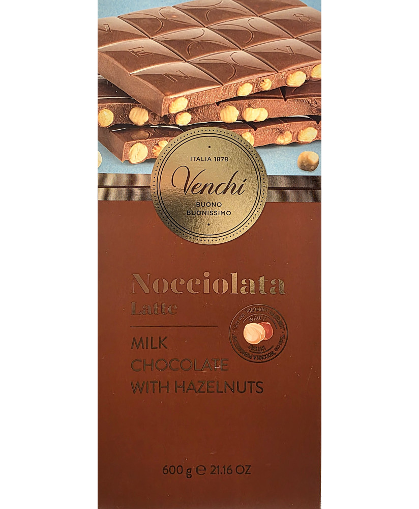 Vendita online tavolette grandi da 600g. di cioccolato Venchi al latte con nocciole piemonte intere. Shop on line cioccolata al