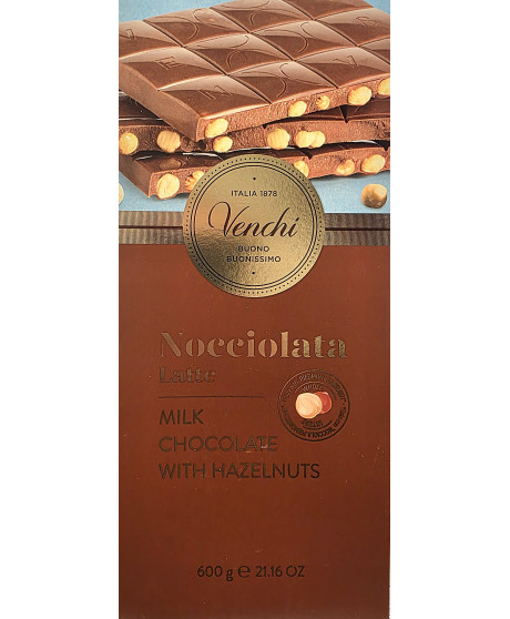 Vendita online tavolette grandi da 600g. di cioccolato Venchi al latte con nocciole piemonte intere. Shop on line cioccolata al