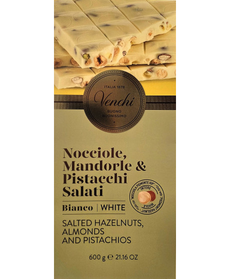 Vendita online tavolette di cioccolato Venchi grandi bianco con nocciole piemonte intere, mandorle e pistacchi salati. Shop on l