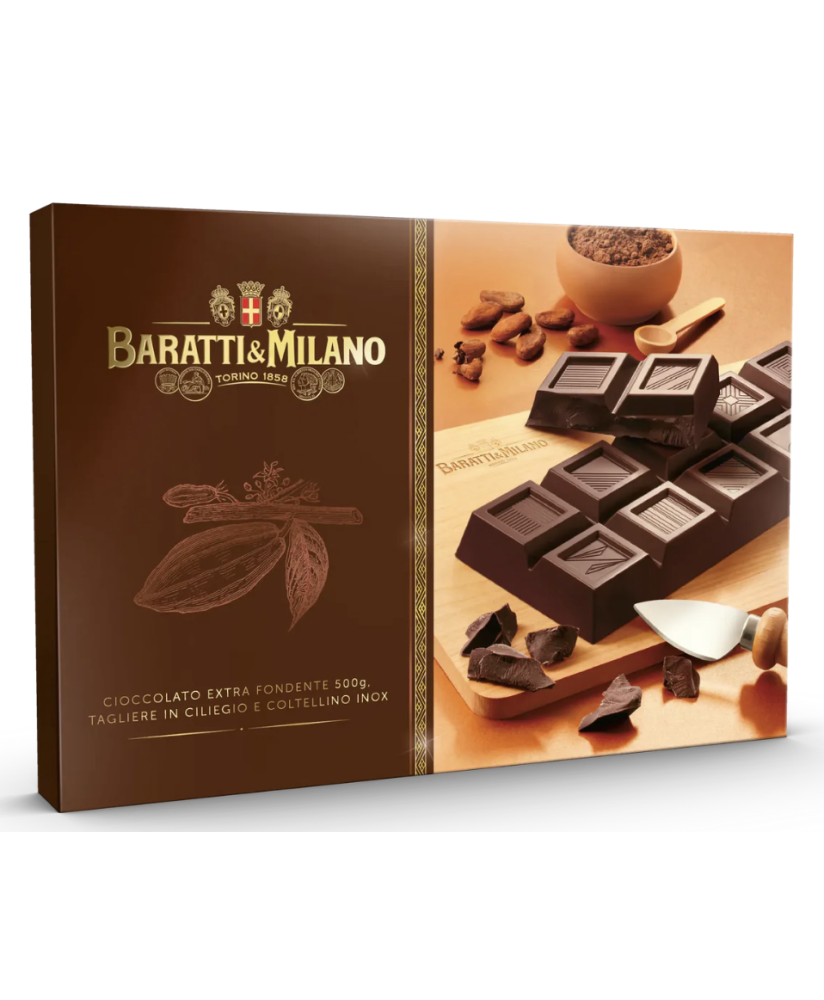 Baratti & Milano - Confezione Extra Fondente, Tagliere In Legno e Coltellino - 500g