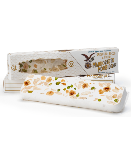 Garzotto - Mandorlato morbido con pistacchi, mandorle e granella di nocciola - Stecca - 170g Garzotto - Mandorlato morbido con pistacchi, mandorle e granella di nocciola - Stecca - 170g