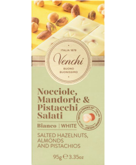 Vendita online tavolette di cioccolato Venchi bianco con nocciole piemonte intere, mandorle e pistacchi salati. Shop on line cio