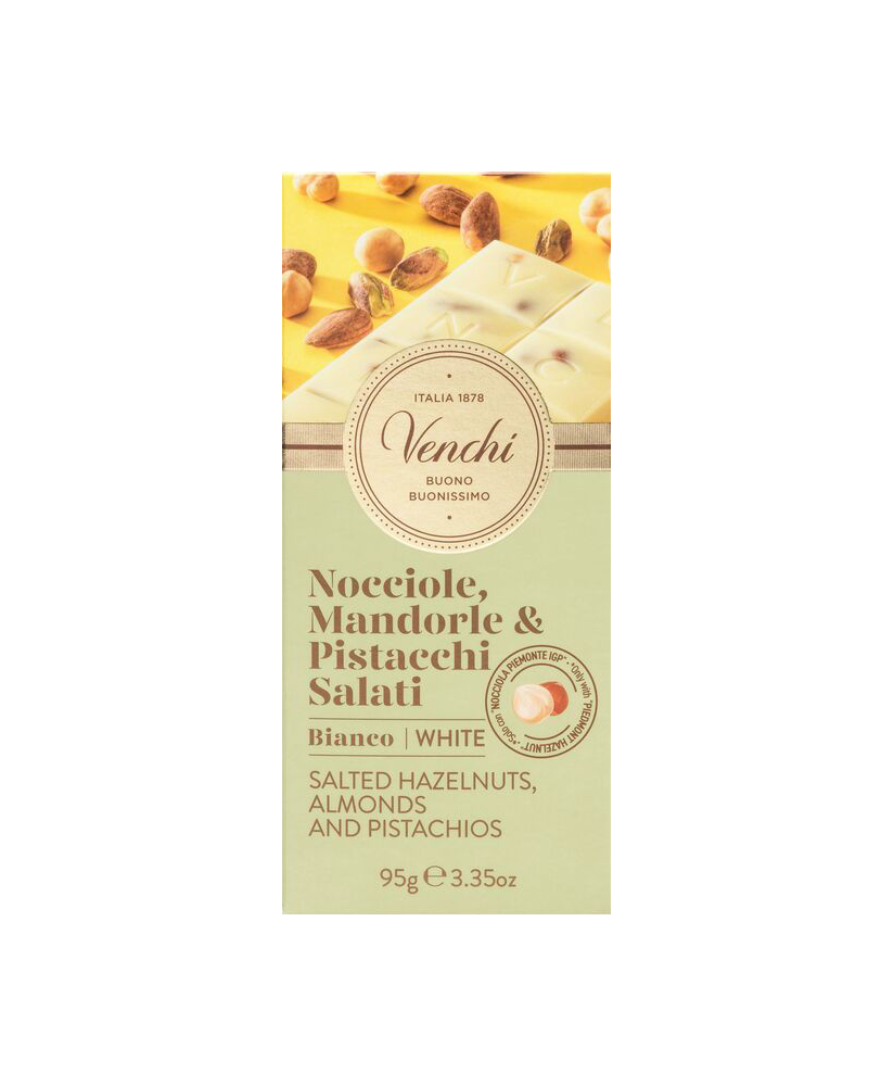 Vendita online tavolette di cioccolato Venchi bianco con nocciole piemonte intere, mandorle e pistacchi salati. Shop on line cio
